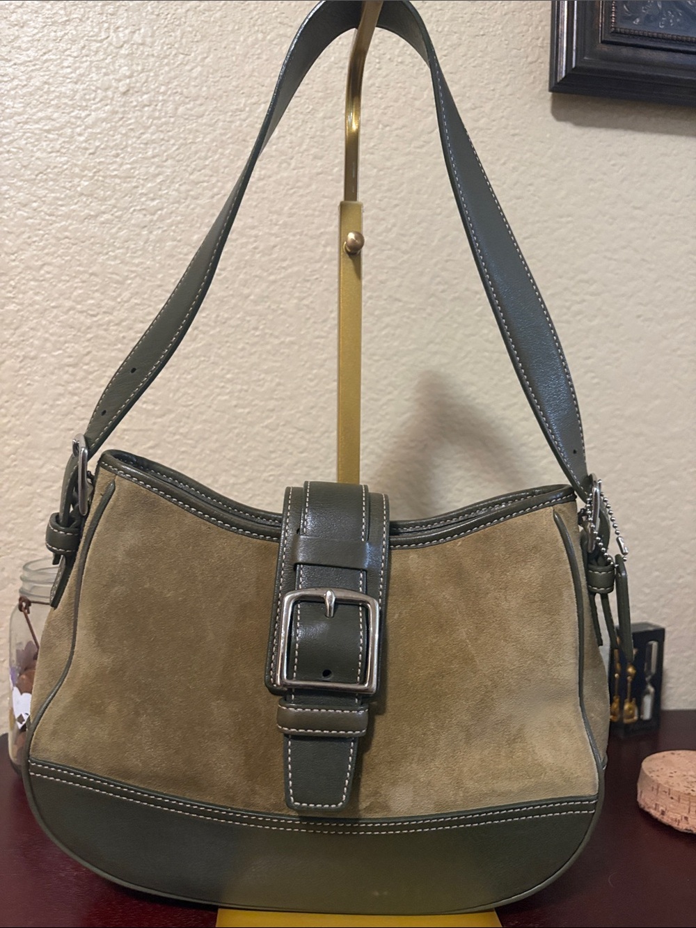 Coach Vintage Olive Green Suede & Leather Buckle Shoulder Bag